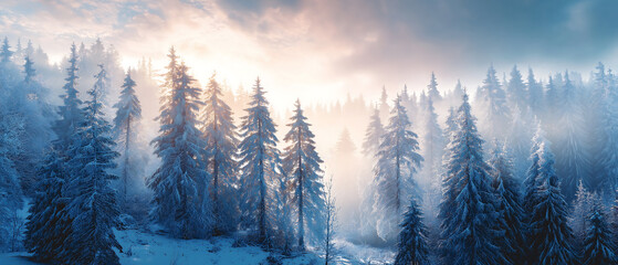 Snowy forest landscape with tall pine trees and soft light through the fog