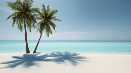 Tropical Paradise: Two palm trees casting long shadows on a pristine sandy beach, with the turquoise sea meeting a clear blue sky, evoking a sense of tranquility and serenity.