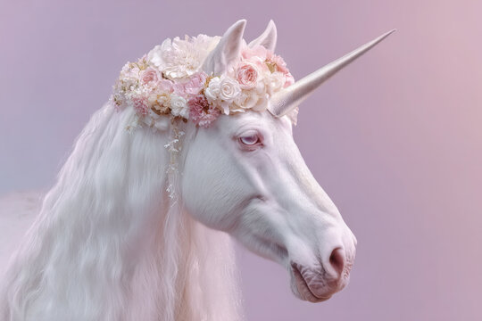 Dreamy unicorn portrait with floral crown and silver horn against pastel backdrop, perfect for fantasy lovers and whimsical designs adds magic to any project