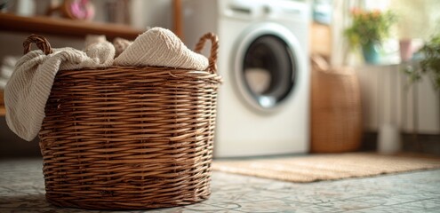 A basket full of clothes sits next to a washing machine