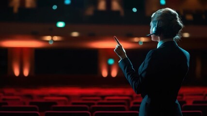 Woman in business attire giving a presentation in a dark auditorium