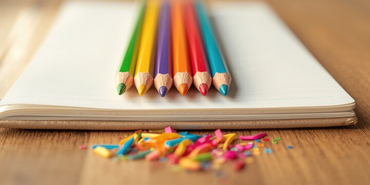 Close-up of colored pencils arranged on a book for art and education, emphasizing creative practice