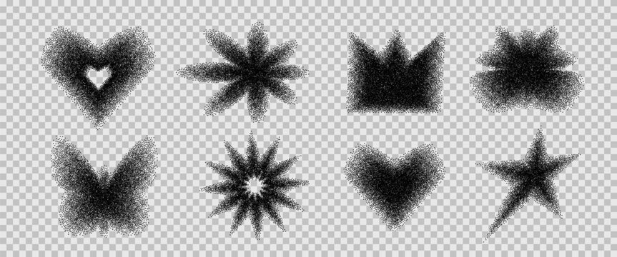 Black grainy noise gradient icon figures. Grain gradation hearts and sparks dot airbrush spray shapes. Blinks and crown dotworks y2k forms. Vector emo noir butterfly figures isolated on transparent.