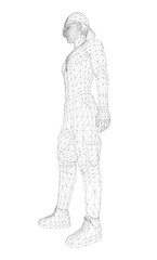 A 3D wireframe man in a suit and hat stands against a white background, wearing glasses, a cap, sneakers, and pants.