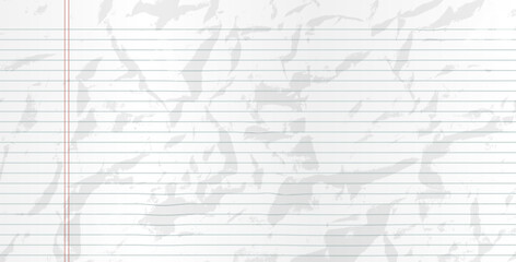Notebook crumpled ruled paper. Lined page blank background. Rough paper sheet. Vector binder folded pattern cover. Craft abstract diary or memo textured. Simple letter bg for school, office design.