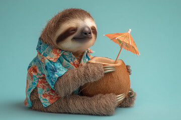 Fototapeta premium Adorable sloth enjoying tropical cocktail wearing vibrant Hawaiian shirt, perfect for summer vacation vibes and carefree relaxation concepts, so cute and fun!
