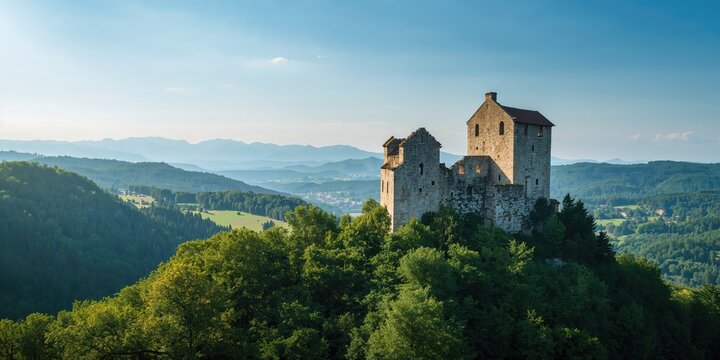 Panoramic view of medieval castle ruins surrounded by lush forest and mountains, emphasizing historic architecture, travel, nature, landscape - Powered by Adobe