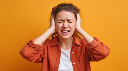 Woman overwhelmed by loud noise, holding her head in frustration against a bold orange background, capturing the essence of auditory distress