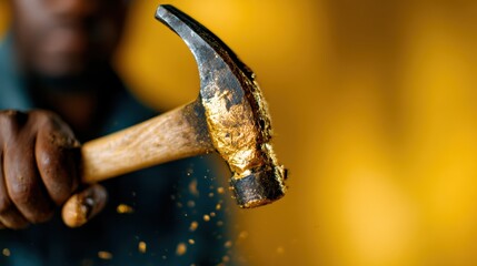 A powerful image capturing a hand holding a hammer preparing for a swing, showcasing themes of construction, strength, and labor in a focused manner against a soft background.