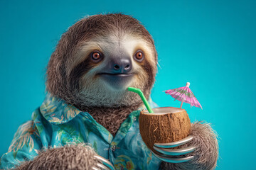 Fototapeta premium Adorable sloth enjoying tropical vibes with coconut drink and tiny umbrella, perfect for summer ads or fun social media campaigns, guaranteed to grab attention