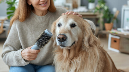 Long-haired golden retriever being groomed by a woman with a heated brush in a cozy home setting, showcasing pet care and companionship