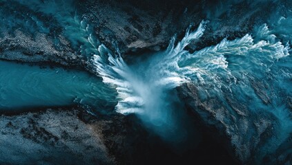 Aerial view showcases a cascading waterfall's powerful surge amidst rugged terrain, captured in blue tones