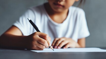Hispanic child focused on drawing a simple quiz sketch on crisp paper, minimalist gray desk surface with balanced diffused light and copy space