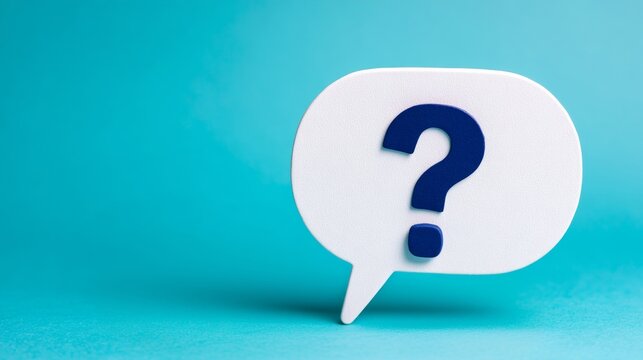 Matte cream speech bubble cutout with navy question mark against smooth turquoise background, ideal for brainstorming and decision-making concepts - Powered by Adobe