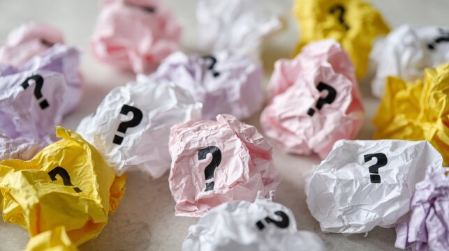 Scattered crumpled pastel-colored paper sheets with bold black question marks, creating a minimalistic chaotic pattern on a flat surface