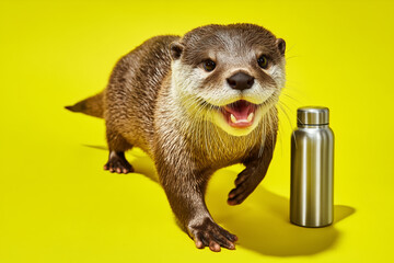 Happy otter playfully advertising reusable water bottle on vibrant yellow backdrop, promoting sustainability and eco-friendly lifestyle choices