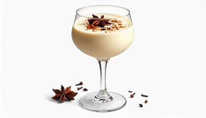 An isolated, clean shot of eggnog infused with chai spices (star anise, cardamom) served in a modern glass, perfect for sophisticated holiday beverage concepts.