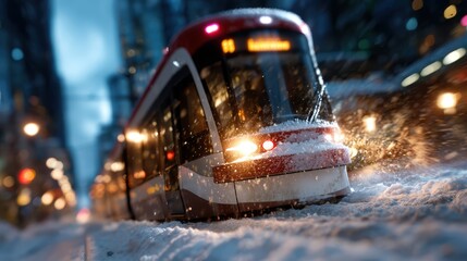 A snowy city street scene showcasing a tram navigating through the urban landscape under glowing evening lights, capturing the essence of winter and urban life merging harmoniously.