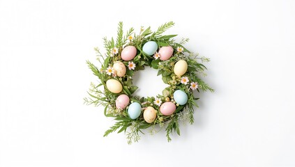 Top-down view of an Easter arrangement featuring decorated eggs and spring flowers, suitable for seasonal celebration