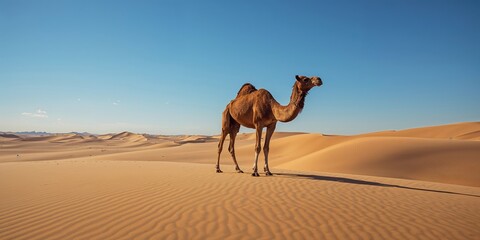 Full-body view of a dromedary camel in a desert landscape emphasizing natural habitat, Earth Day