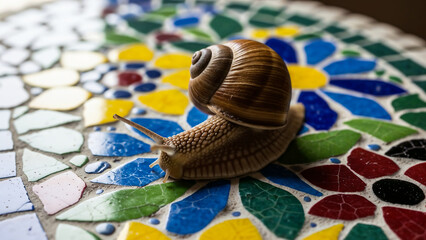 Fototapeta premium Snail on colorful mosaic tile, symbol of harmony between nature and design