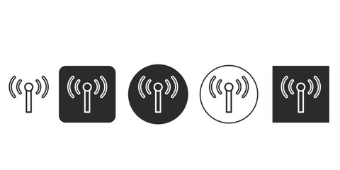 Wireless signal icon set multiple styles for web design | Modern broadcast antenna symbol vector illustration | Wi-Fi and connectivity technology icons UI design | Black and white radio transmission 