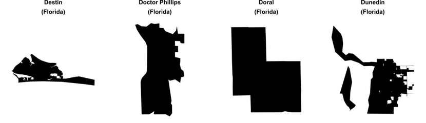 Destin, Doctor Phillips, Doral, Dunedin outline maps