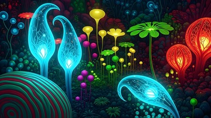 Obraz premium A vibrant, magical forest of glowing bioluminescent mushrooms and fantastical plants at night.