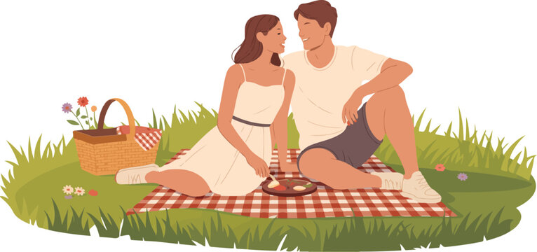 Couple on picnic on transparent background. Vector illustration in flat style. Man and woman rest on blanket in nature. Relax and enjoy the outdoors