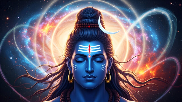 Divine Blue Lord Shiva Meditating In Cosmic Galaxy Vortex With Crescent Moon And Third Eye Symbolizing Pure Consciousness Power And Eternity Of Hindu God Mahadev Shanker Bholenath During Shravan Sawan