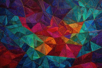 A mosaic-like artwork made of vibrant, jewel-toned triangular and polygonal shapes, outlined with gold