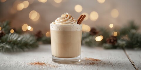 Boozy warm eggnog punch with cinnamon in a glass, winter holiday beverage, Christmas celebration, holiday season