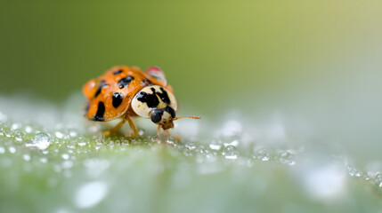 Fototapeta premium Ladybug Serenity: A delicate ladybug, adorned with intricate patterns, delicately navigates a dew-kissed leaf, encapsulating the serenity of nature.