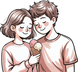 Couple Sharing Ice Cream Cone with Closed Eyes Enjoying Togetherness on Transparent Background Flat Vector Illustration