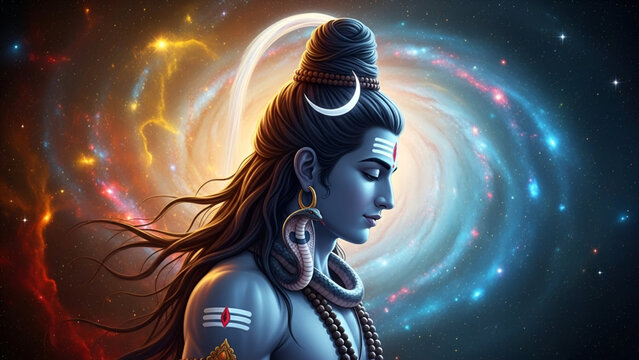 Divine Blue Lord Shiva Meditating In Cosmic Galaxy With Crescent Moon And Cobra Snake On Neck Symbolizing Power And Eternity Of Hindu God Mahadev Shanker Bholenath During Sawan Month
