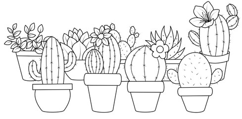 An illustration of decorative cacti and succulents in pots. These hand-drawn houseplants are suitable for coloring books, prints, packaging design, and botanical projects.