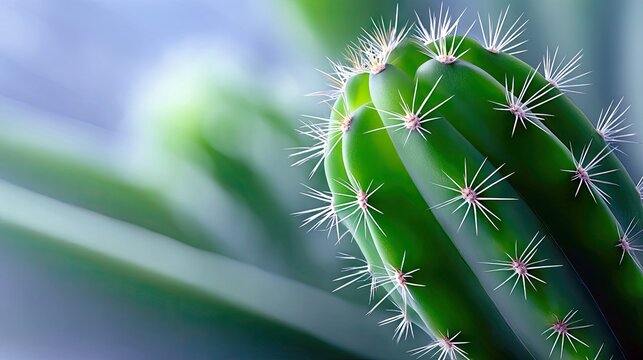 A close-up view of a green cactus with sharp white spines, set against a blurred background of green and blue, creating a soft, natural aesthetic. - Powered by Adobe
