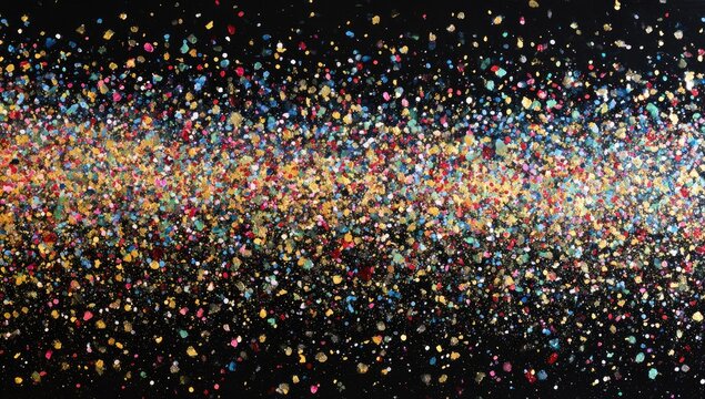 A dazzling explosion of multicolored confetti against a stark black background, creating a vibrant visual