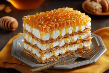 Indulge in this golden honey cake layered with sweet cream on a silver plate, a delectable treat that's perfect for dessert lovers and bakery enthusiasts alike