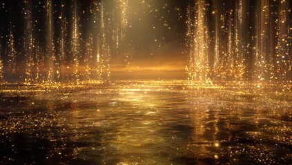 An ethereal scene of shimmering gold particles cascading over a reflective surface