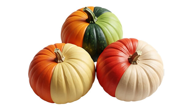 Three unique pumpkins with distinct color sections on a Transport background