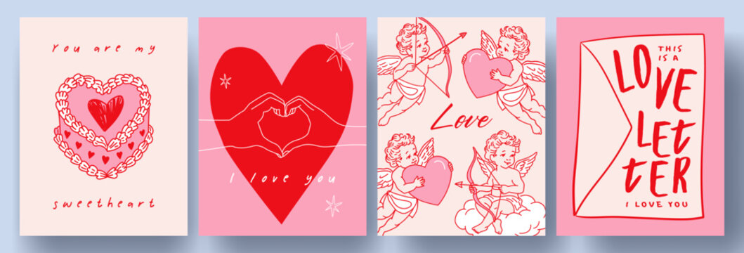 Fototapeta Creative concept of Happy Valentines Day cards in trendy hand drawn style with heart cake, hands making heart, little Cupids and love letter. Template for ads, branding, banner, cover, label, poster.