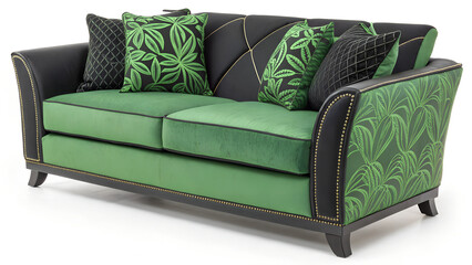 Green and black sofa isolated on white background.