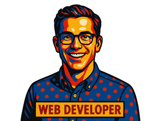 cheerful web developer in glasses and polka-dot shirt, labeled for tech, coding, or digital projects. raster colorful pop art illustration.