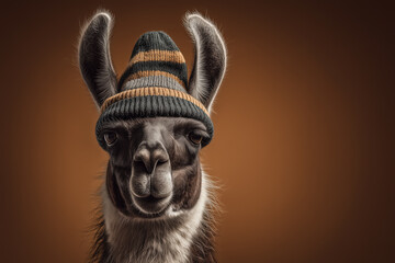 Obraz premium Adorable llama portrait wearing a trendy beanie hat against a warm brown backdrop, ideal for humorous designs or animal-themed campaigns