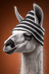 Naklejka premium Stylish llama wearing black and white striped hat against bold orange background, perfect for quirky designs and fun animal themed projects with a modern twist