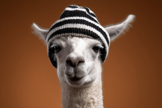 Adorable llama wearing a striped beanie hat with a funny expression looking directly at the camera against a warm orange background, perfect for whimsical designs