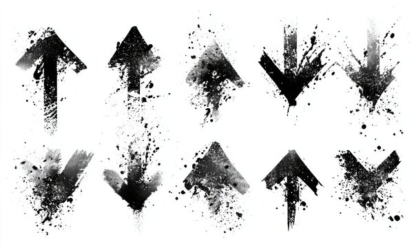 Set of black grunge arrows pointing in different directions with a splattered paint effect.