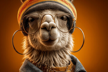 Obraz premium Hipster llama looking cool wearing glasses and hat against golden backdrop, perfect for quirky humor and unique design projects, exudes confident style