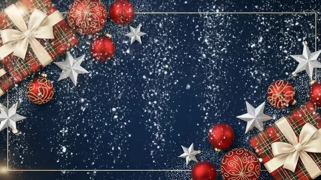 Festive Christmas Decorative Background with Red and Gold Ornaments, Glittering Stars, and Wrapped Gifts for Holiday Season Celebrations